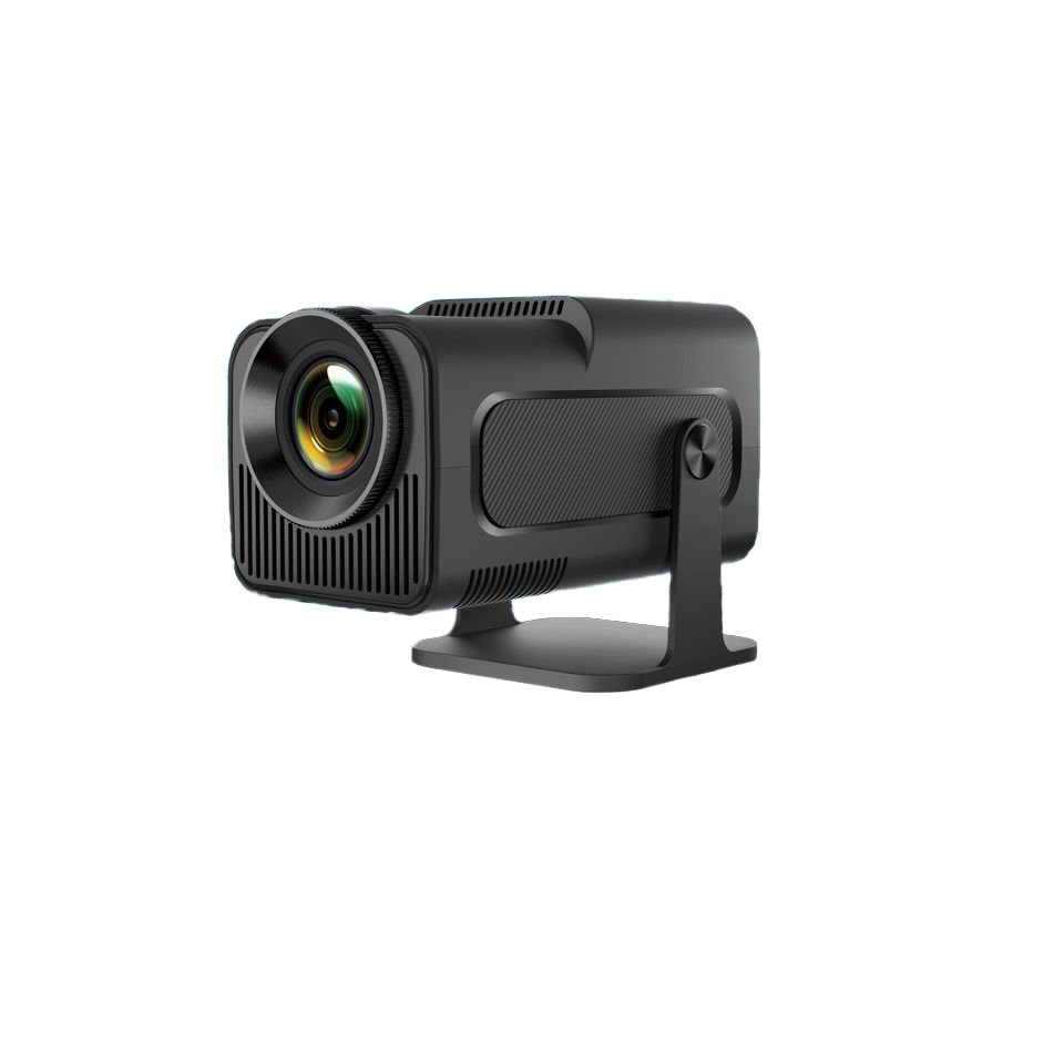 A black portable projector with a built-in stand, shown from a three-quarters angle against a plain white background.