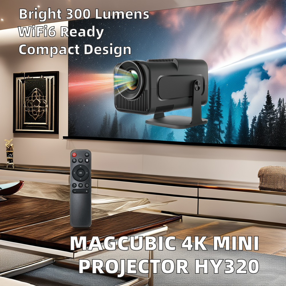 MAGCUBIC 4K MINI PROJECTOR HY320 with remote control in a living room setting.
