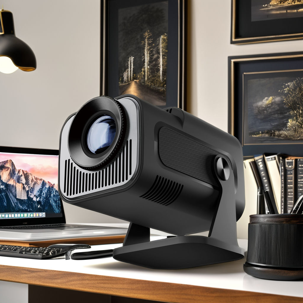 Black projector on a desk with laptop and books in the background