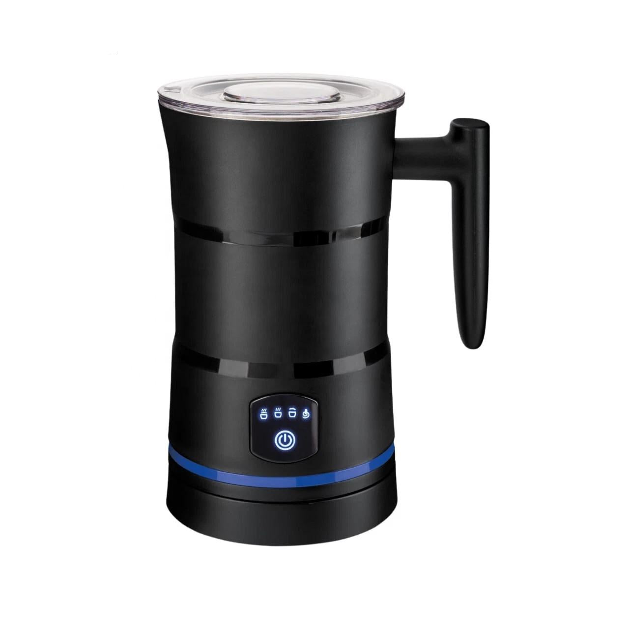 A black electric milk frother with a clear lid and a black handle, featuring a digital control panel on the front with blue LED indicators. The 'CQ cup quick' logo is visible in the top-left corner.