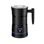 A black electric milk frother with a clear lid and a black handle, featuring a digital control panel on the front with blue LED indicators. The 'CQ cup quick' logo is visible in the top-left corner.