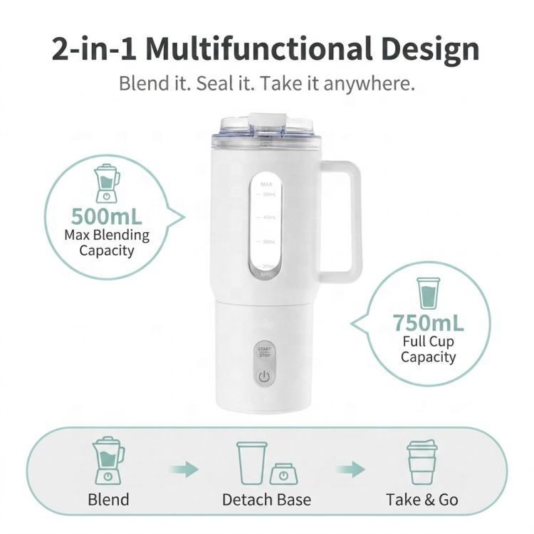 500ml Portable Personal Blender, USB-C Rechargeable Smoothie Maker, Ice Crusher, Leak-Resistant