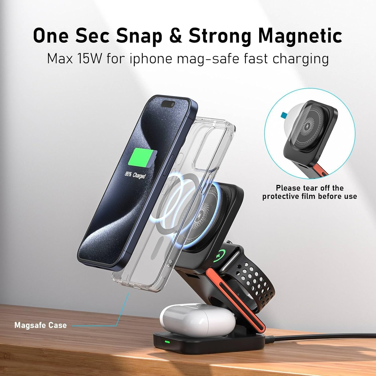 3-in-1 Foldable Magnetic Wireless Charging Station, Up to 15W, Compatible with iPhone, Apple Watch & AirPods