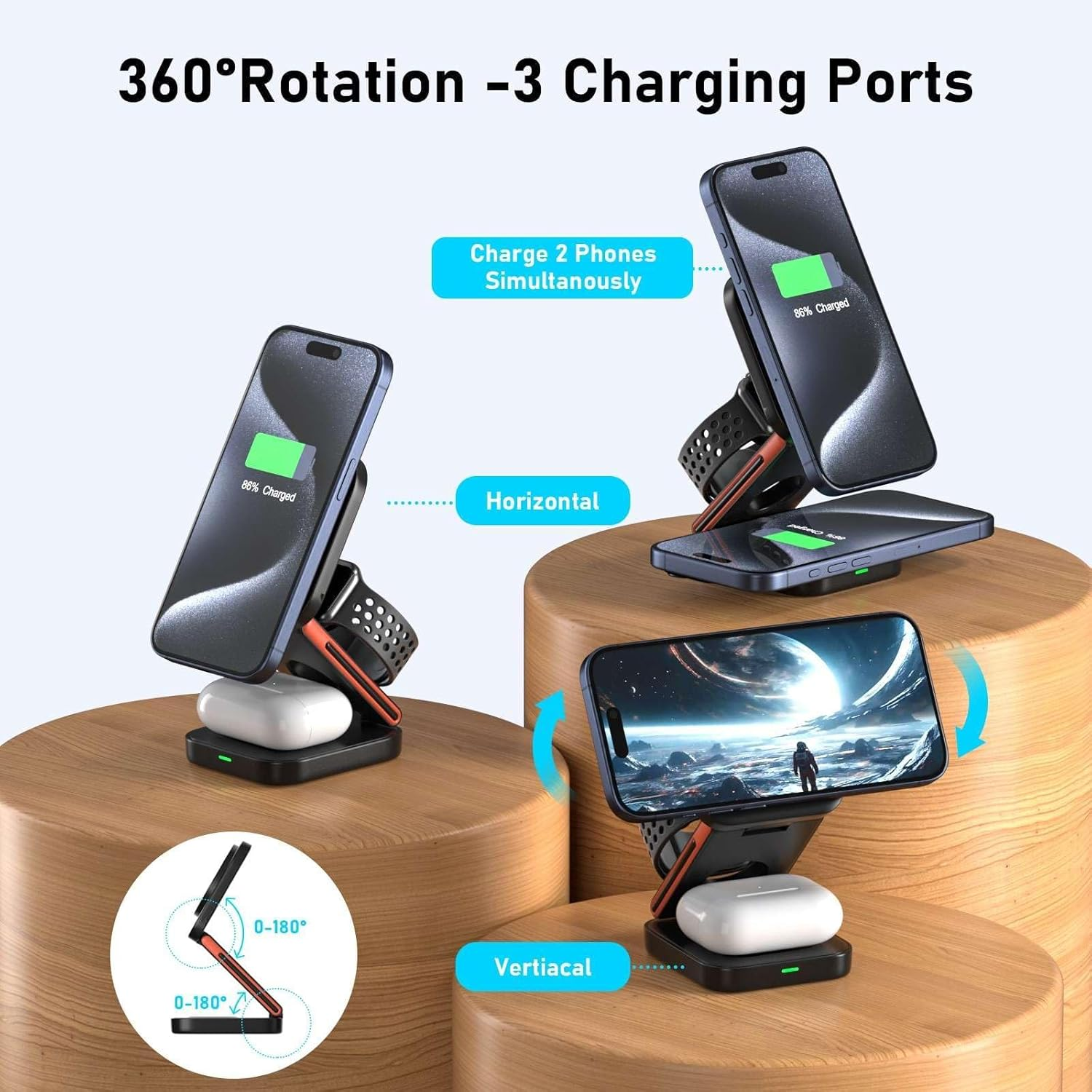 3-in-1 Foldable Magnetic Wireless Charging Station, Up to 15W, Compatible with iPhone, Apple Watch & AirPods