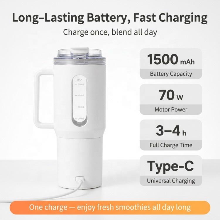 500ml Portable Personal Blender, USB-C Rechargeable Smoothie Maker, Ice Crusher, Leak-Resistant