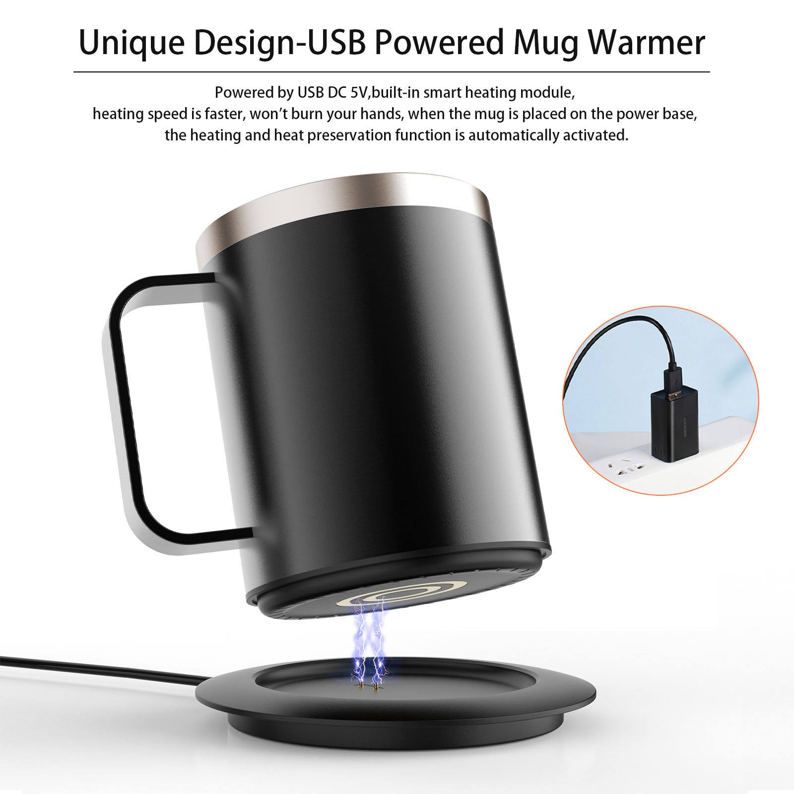 300ml Smart Coffee Mug Warmer with Temperature Control, Stainless Steel Heated Mug, 5V USB Powered