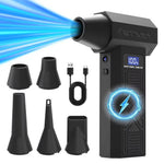 Black turbo fan with attachments and USB cable on a white background