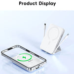 A white magnetic wireless power bank on a white stand next to a smartphone showing a green charging interface, under the heading 'Product Display'.
