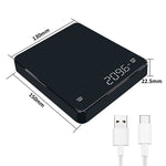 Black rectangular portable power bank with dimensions labeled 130mm, 150mm, and 22.5mm, plus text stating 250mH lithium battery capacity can be customized.