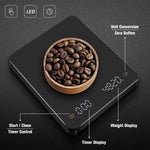 Digital kitchen scale with a black rectangular body and rounded corners, shown on a dark textured background. A small wooden bowl filled with coffee beans sits on the scale's platform.