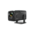 A black portable projector with a built-in stand, shown from a three-quarters angle against a plain white background.