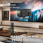 MAGCUBIC 4K MINI PROJECTOR HY320 with remote control in a living room setting.