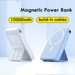 Two magnetic power banks with text indicating 10000mAh capacity and built-in cables on a light blue background.